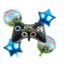 Set 5 Globos Metalizado Joystick Gamer Feliz Cumple Happy