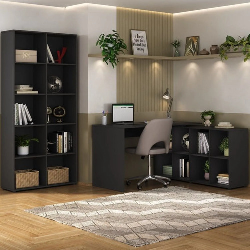 Conjunto 2 Peças Com Escrivaninha Em L Cubos E Estante Wt Preto