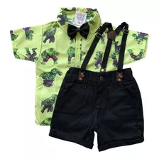 Roupa Temática Hulk Menino Bebe Aniversario Com Gravata