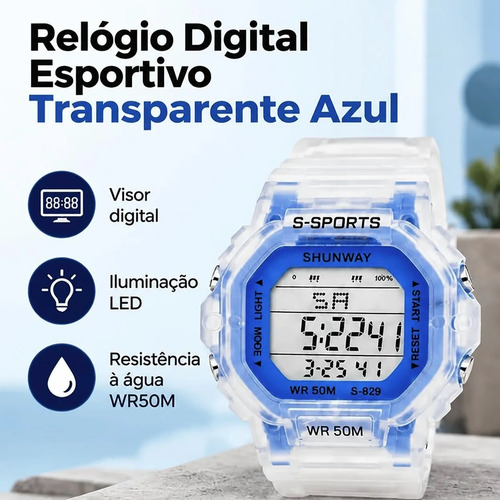 Relogio Digital Masculino Esportivo Led Azul 50m