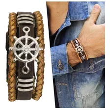 Pulseira Bracelete Couro Timão Náutica Marrom Ajustável Top 