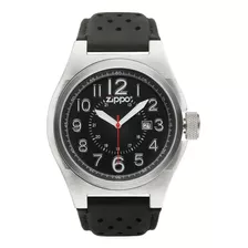 Reloj Casual Zippo 45010 Con Correa De Piel, Fondo Negro, Bisel Plateado