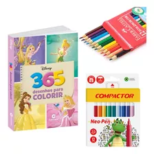 Kit Livro Colorir Lápis Faber E Canetinhas Princesas Disney