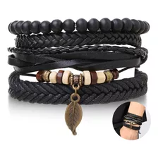 Conjunto Pulsera Brazalete Cuero 4 En 1 Trenzado Dije Hoja