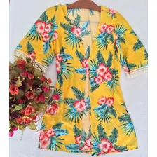 Kimono Amarelo Floral Com Franjas Tam Unico