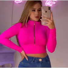 Cropped Blusa Manga Longa Com Zíper E Gola Alta Inverno 