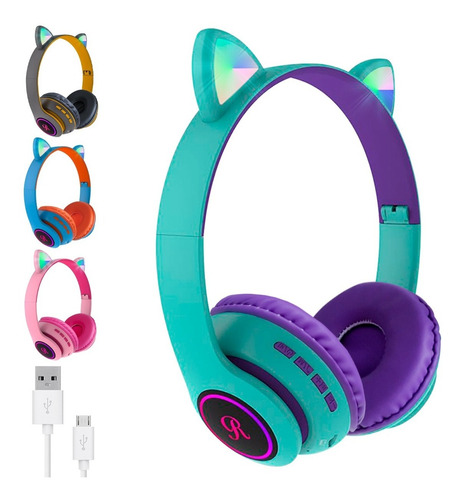 Auriculares Oreja De Gato Gamer Bluetooth Neko Luz Led Usb