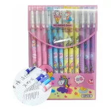 12 Bolígrafos Plumas Borrables Kawaii Conejita Unicornio