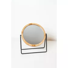 Espejo Mirror Redondo Con Borde De Bamboo Y Base Metálica
