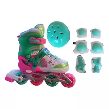 Patins 4 Rodas Inline Infantil Led +kit Proteção Sereia 