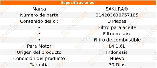 Kit Filtros (3) Nissan Aprio L4 1.6l 2007/2009 Sakura Foto 2