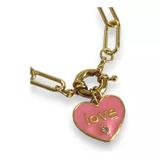 Pulsera Eslabón Dije Charm Corazón Colores Chapa De Oro 14k 