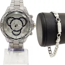 Relógio Masculino + Pulseira Prateado Em Aço Bonito E Barato