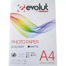 100 Folhas Papel Fotográfico Matte Fosco Evolut 180g A4