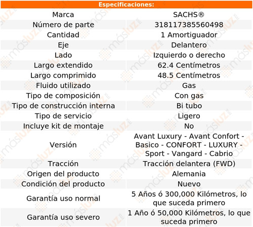 1- Amortiguador Gas Delantero Izq/der A4 L4 1.8l 01/03 Sachs Foto 2