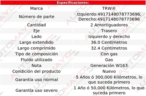 2) Amortiguadores Gas Traseros Trw Ml320 1998-2002 Foto 2