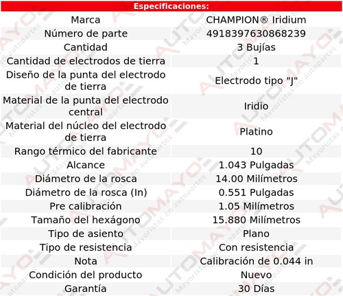 Kit 3 Bujas Iridio Champion Mirage G4 3 Cil 1.2l 19 Foto 2