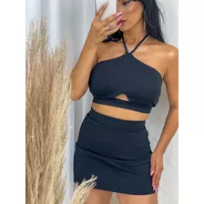 Conjunto Feminino Cropped E Mini Saia Para Festa Preto Jose