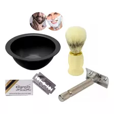 Kit Barba Pincel Barbear Tigela Barbeador Retrô Lamina