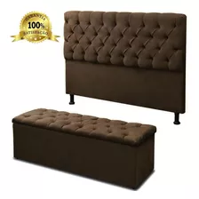 Cabeceira Casal Mais Calçadeira Baú Suede Marrom 