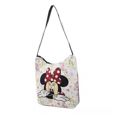 Bolsa Hobo Flores Rosto Minnie Disney 41x41 Cm Acambamento Dos Ferragens Níquel Cor Branco Cor Da Correia De Ombro Preta E Bege Desenho Do Tecido Estampa Minnie Mouse E Flores