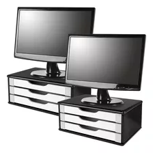 Cj 2 Suportes Monitor Mdf Black Piano 3 Gavetas Brancas 3349