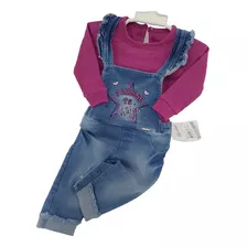 Macacão Jardineira Jeans + Body Bebê Menina Paraiso Rf 12978