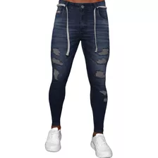 Calça Jeans Escura Skinny Destroyed Detalhe Cintura Premium