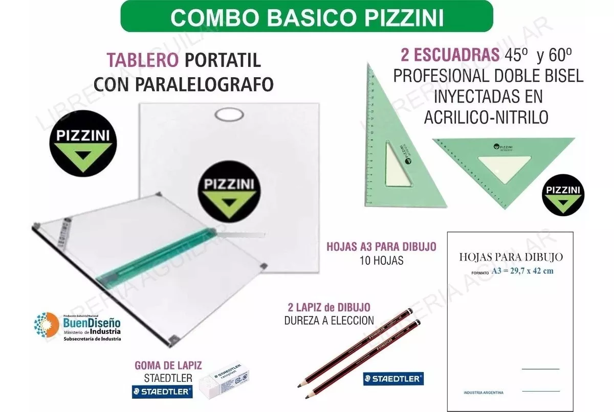 Kit Tablero 40x50 Pizzini De Dibujo Tecnico Escuadras A3