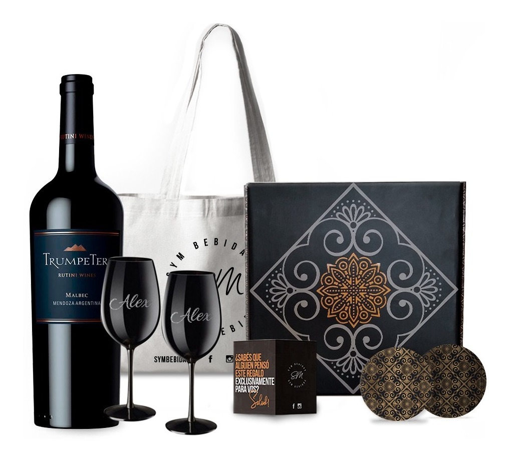 Box Trumpeter Malbec + 2 Copas Negras Grabadas. Ideal Regalo