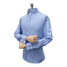 Camisa Azul Lisa Punho Duplo Gola Italiana 