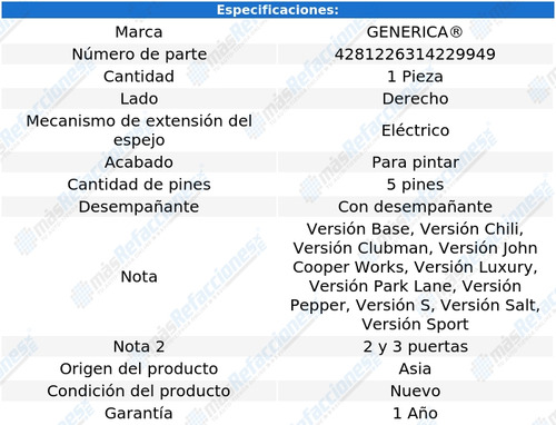 (1) Espejo Derecho Elect Generica Cooper Del 2002 Al 2010 Foto 2