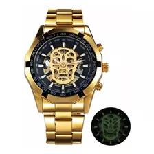 Relógio Caveira Dourado Winner Automático Corda Skeleton Top