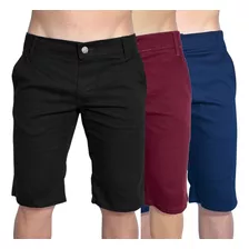 3 Bermudas Masculinas De Sarja Colorida Lycra Kit