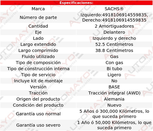 2) Amortiguadores Gas Delanteros Sachs S5 V8 4.2l 2008-2011 Foto 2