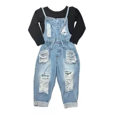 Macacao Jeans Infantil Menina + Blusa Basica Manga Longa 2pç