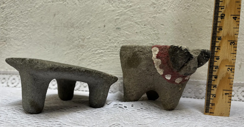 Antiguas Miniaturas Molcajete Y Metate Piedra De Cantera Gris Oscuro
