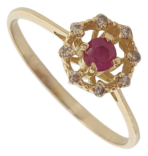 Anel Chuveiro De Rubi E Diamantes De Ouro Amarelo 18k 750 Amarelo 20