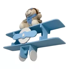 Avião Prateleira Decoração Quarto Bebe Urso Aviador Azul 