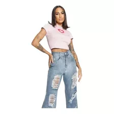 Calça Feminina Biotipo Jeans Destroyed Wide Leg