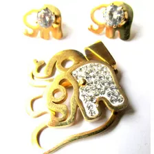 Set De Acero Dorado Y Strass/dije Cadena Caravanas/elefante