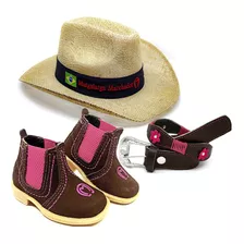 Kit Infantil Feminino Botina Couro + Chapeu + Cinto Fivela