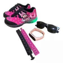 Tenis De Led Personagem Minnie Rosa Menina + Relogio+ Oculos