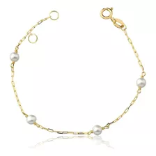 Pulseira De Ouro 18k 750 Infantil Bebê Com Pérolas Natural Comprimento 14.5 Cm Cor Dourado Diâmetro 14.5 Cm