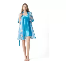 Pijama Camisón Largo Manga Corta Con Bata Mujer 4color Qikun