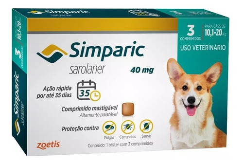 Combo Simparic 40 Mg 10 A 20 Kg Original 3 Comprimidos