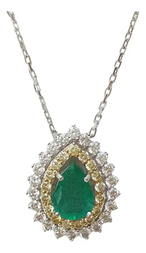 Colar Gota De Esmeralda 0,85ct E Diamantes 0,80ct Ouro 18k Branco