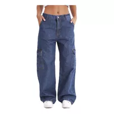 Pantalon Wide Leg Cargo Mujer Jean Recto Rigido