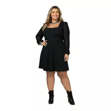 Vestido Preto Plus Size Com Mangas Transparentes