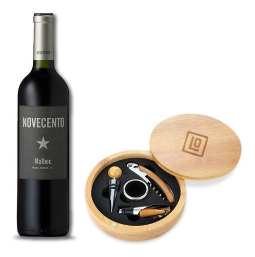 Vino Novecento 750ml + Caja De Madera Con Accesorios De Vino